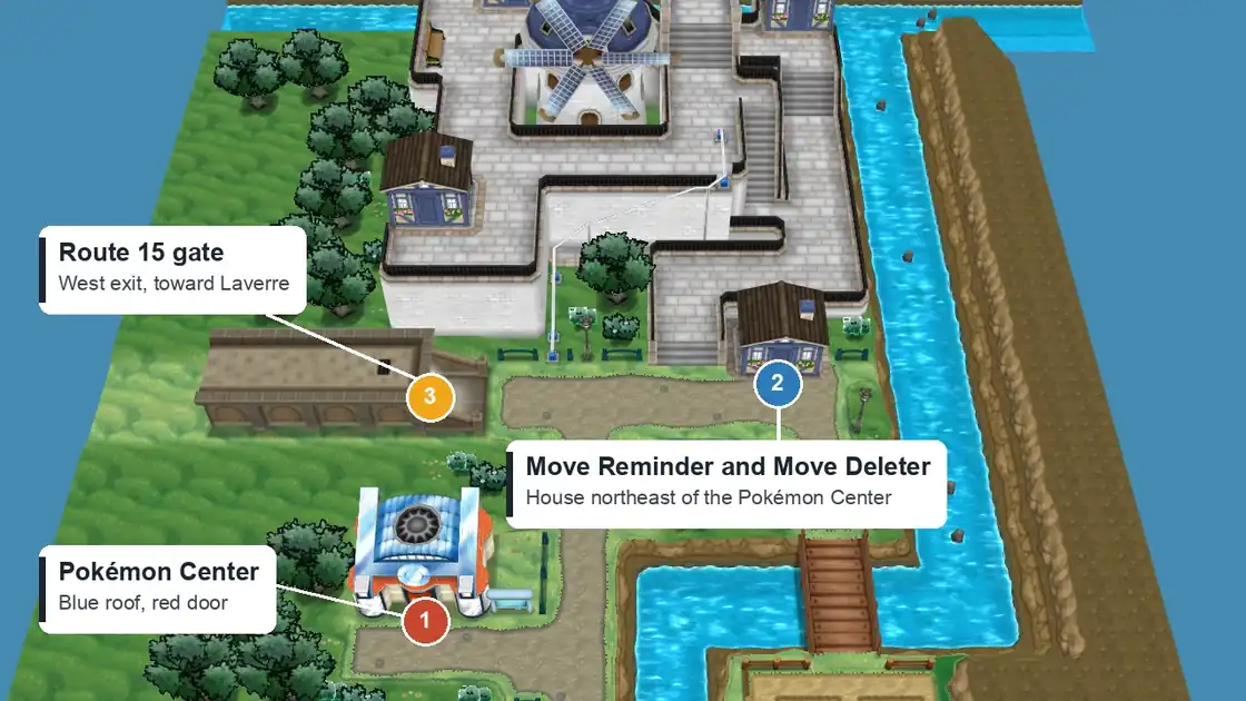Dendemille Town in Pokémon X from the south, with the Pokémon Center, the house northeast of it where Madam Reminder and the Move Deleter live, and the Route 15 gate on the west side
