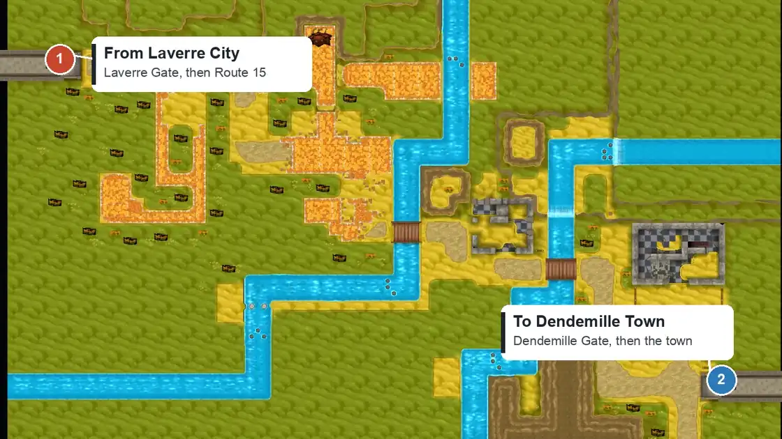Route 15 in Pokémon X from above, with Laverre Gate at the top left, the Dendemille Gate at the bottom right and the Lost Hotel between them