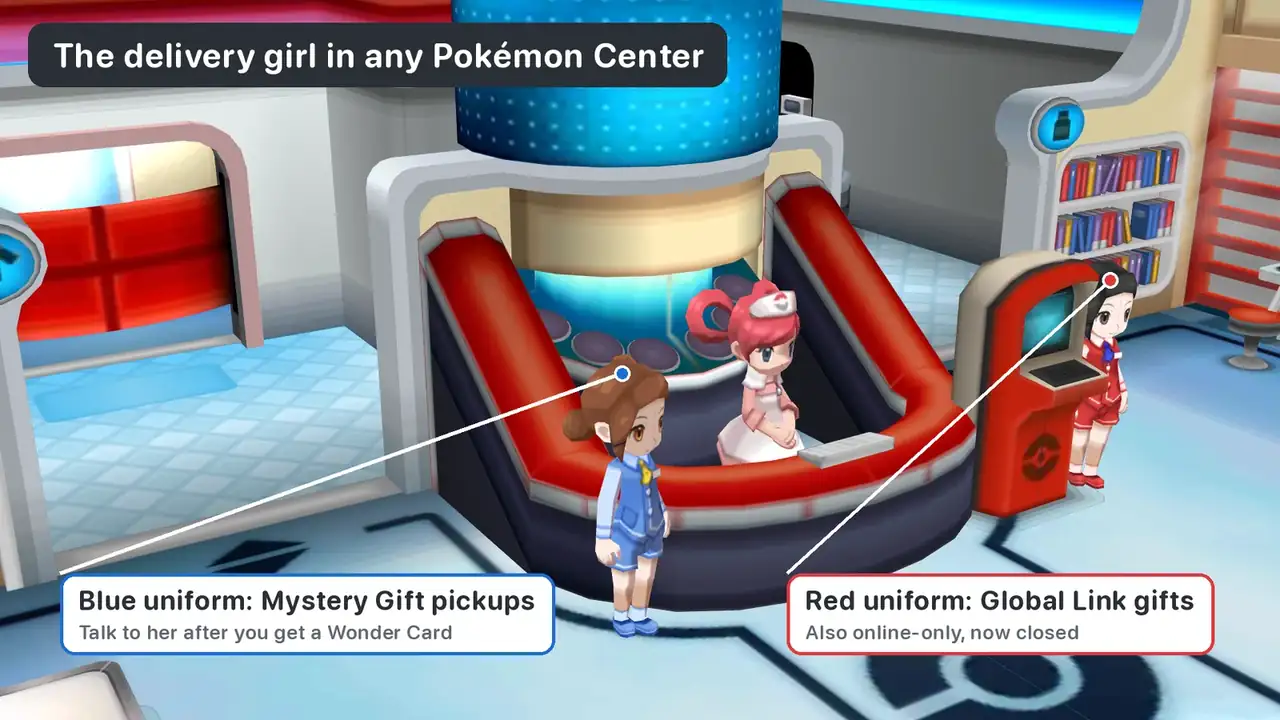 The Mystery Gift delivery girl in the blue uniform at the Santalune City Pokémon Center in Pokémon X and Y, with the red-uniform Global Link girl beside the PC