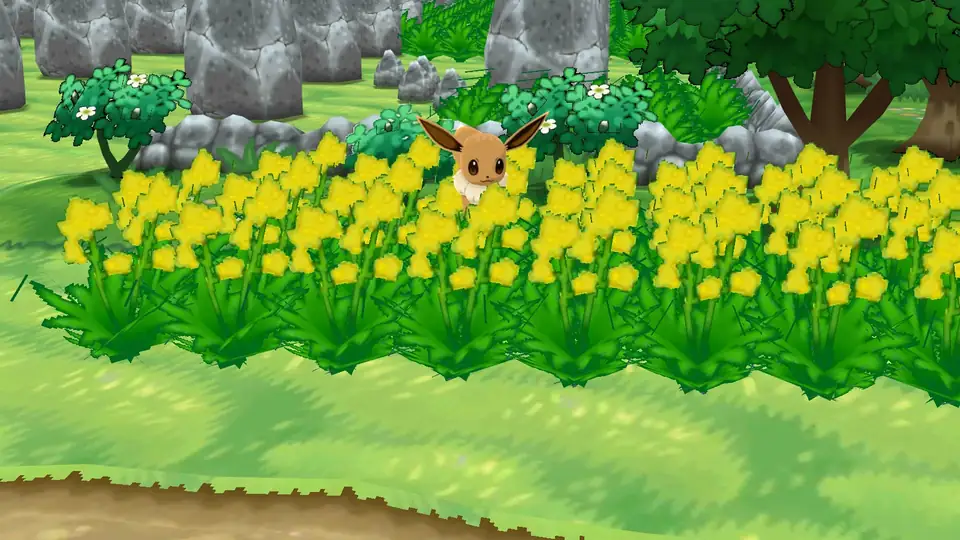 Eevee peeking out of a yellow flower bed on Route 10 in Pokémon X and Y, a common Poké Radar chaining spot