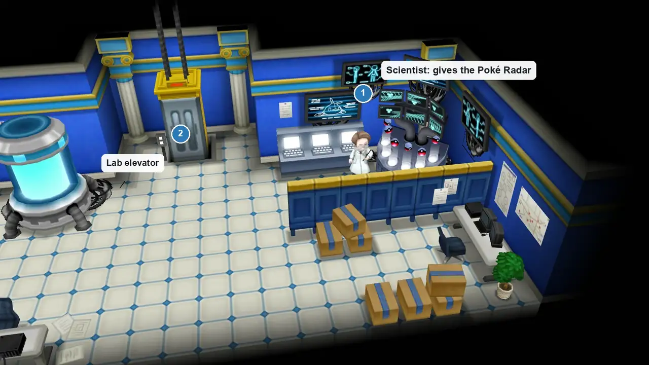 Second floor of Professor Sycamore's Lab in Pokémon X and Y, with the scientist who gives the Poké Radar marked as 1 on the right and the lab elevator marked as 2