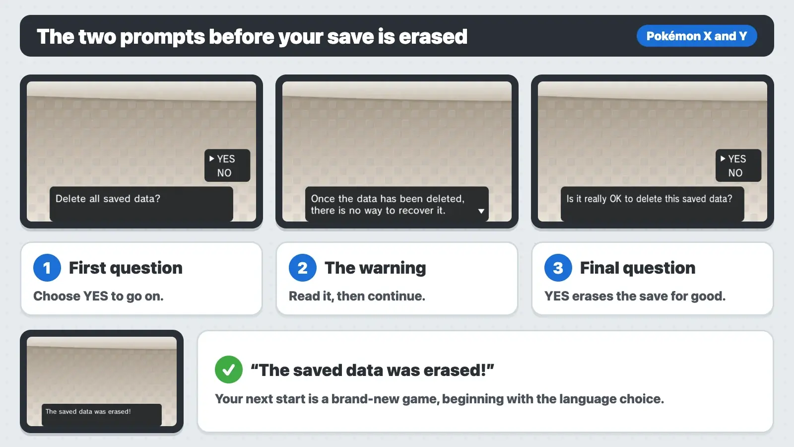 The three delete-save messages in Pokémon X and Y, from Delete all saved data to The saved data was erased