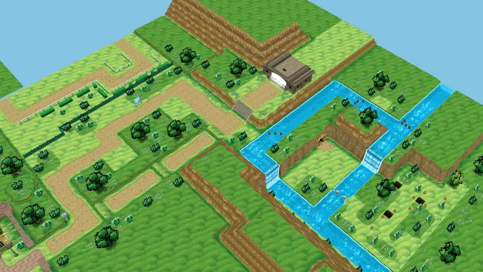 Overhead map view of Route 22 in Pokémon X and Y, with dirt paths on the left and a river with two small waterfalls on the right