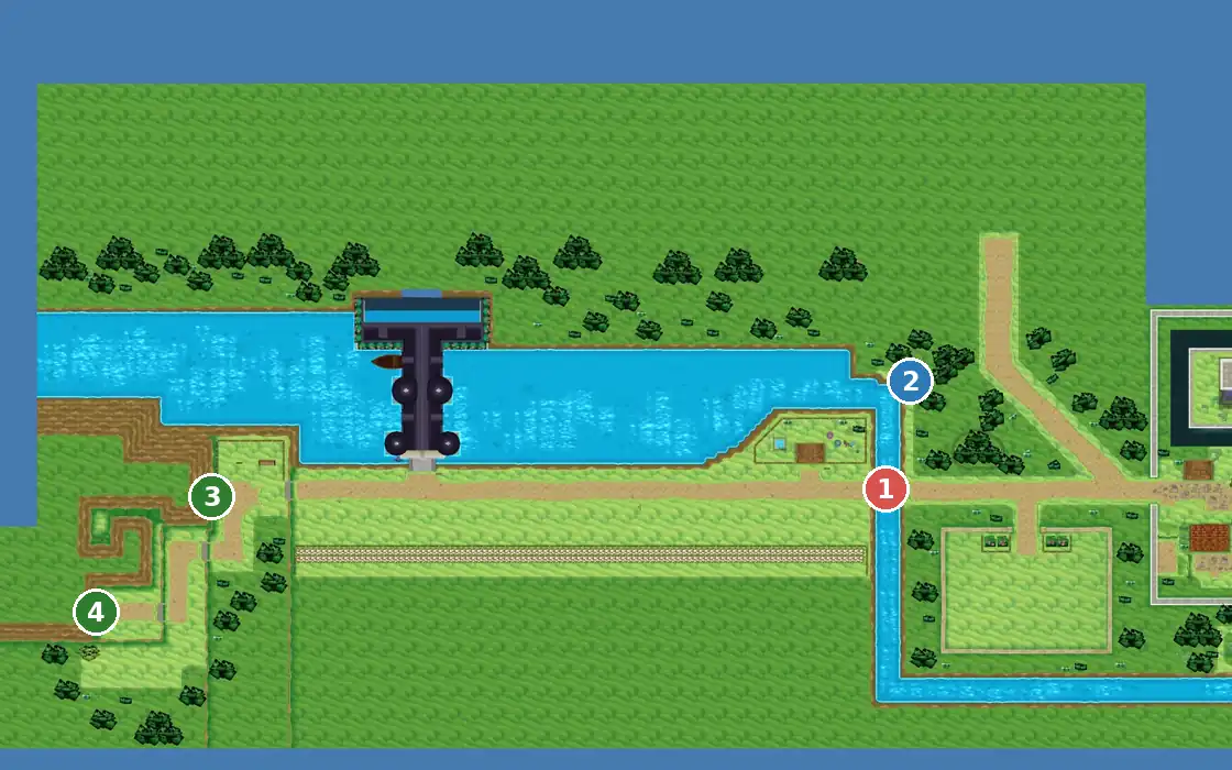 Top-down view of Route 7 in Pokémon X and Y with numbered markers: 1 Snorlax on the bridge, 2 the Heal Ball north of it, 3 and 4 the two Connecting Cave mouths in the west