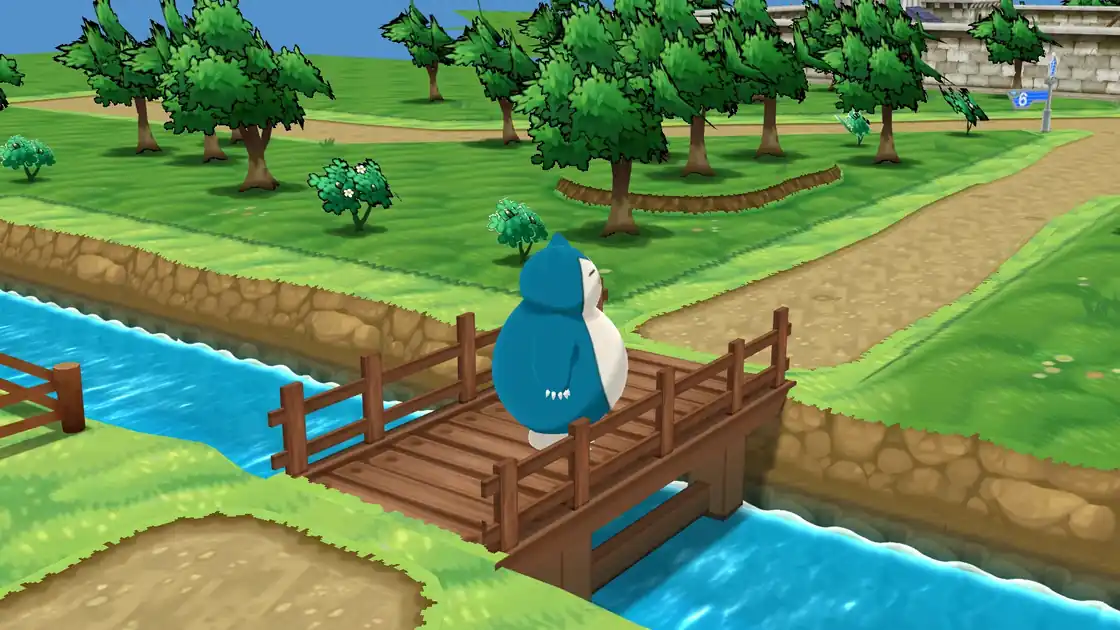 Snorlax asleep on the wooden bridge on Route 7 in Pokémon X and Y, with the river below and a Route 6 sign at the far end