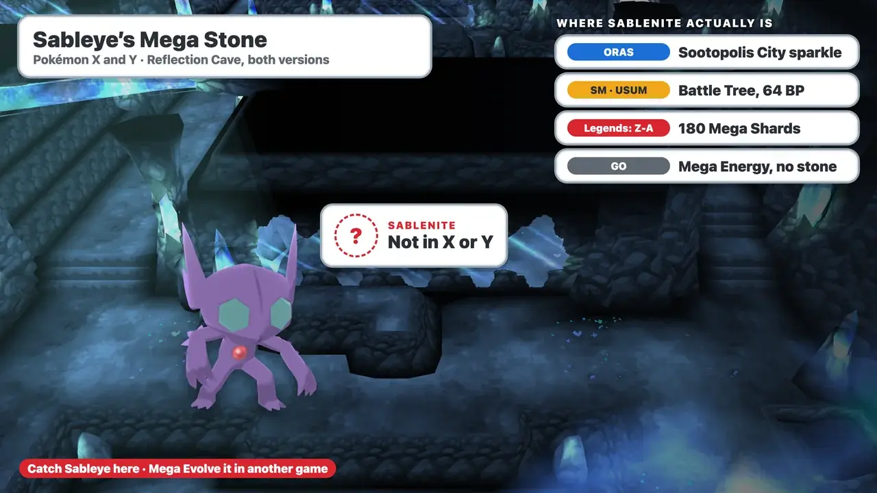 Sableye mega stone in Pokémon X and Y: Sablenite is not in the game; Sableye in Reflection Cave