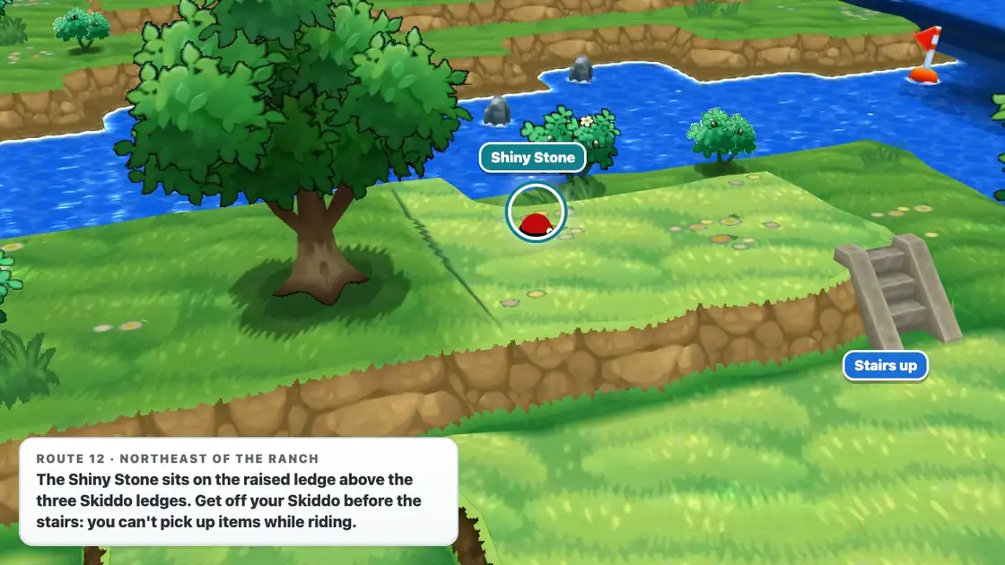 The Shiny Stone Poké Ball on the raised ledge northeast of Baa de Mer Ranch on Route 12 in Pokémon X and Y, with the stairs up from the Skiddo ledges