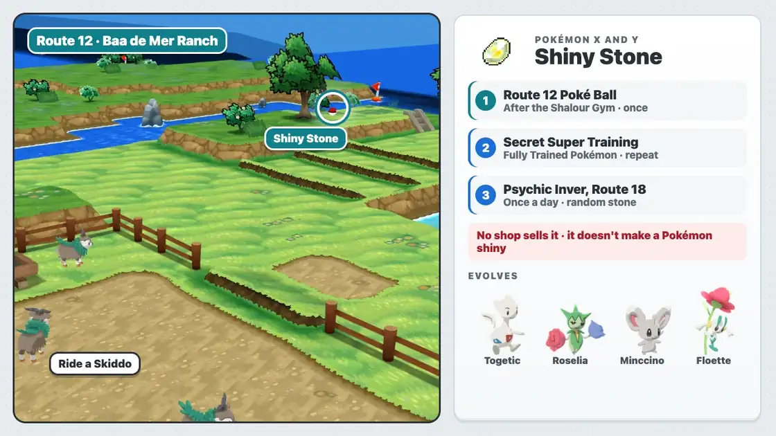 Pokémon X Shiny Stone sources: the Route 12 Poké Ball at Baa de Mer Ranch, Secret Super Training and Psychic Inver on Route 18
