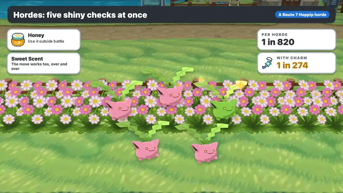 Horde encounter shiny odds in Pokémon Y: five Hoppip on Route 7 with one shiny green Hoppip, Honey and Sweet Scent