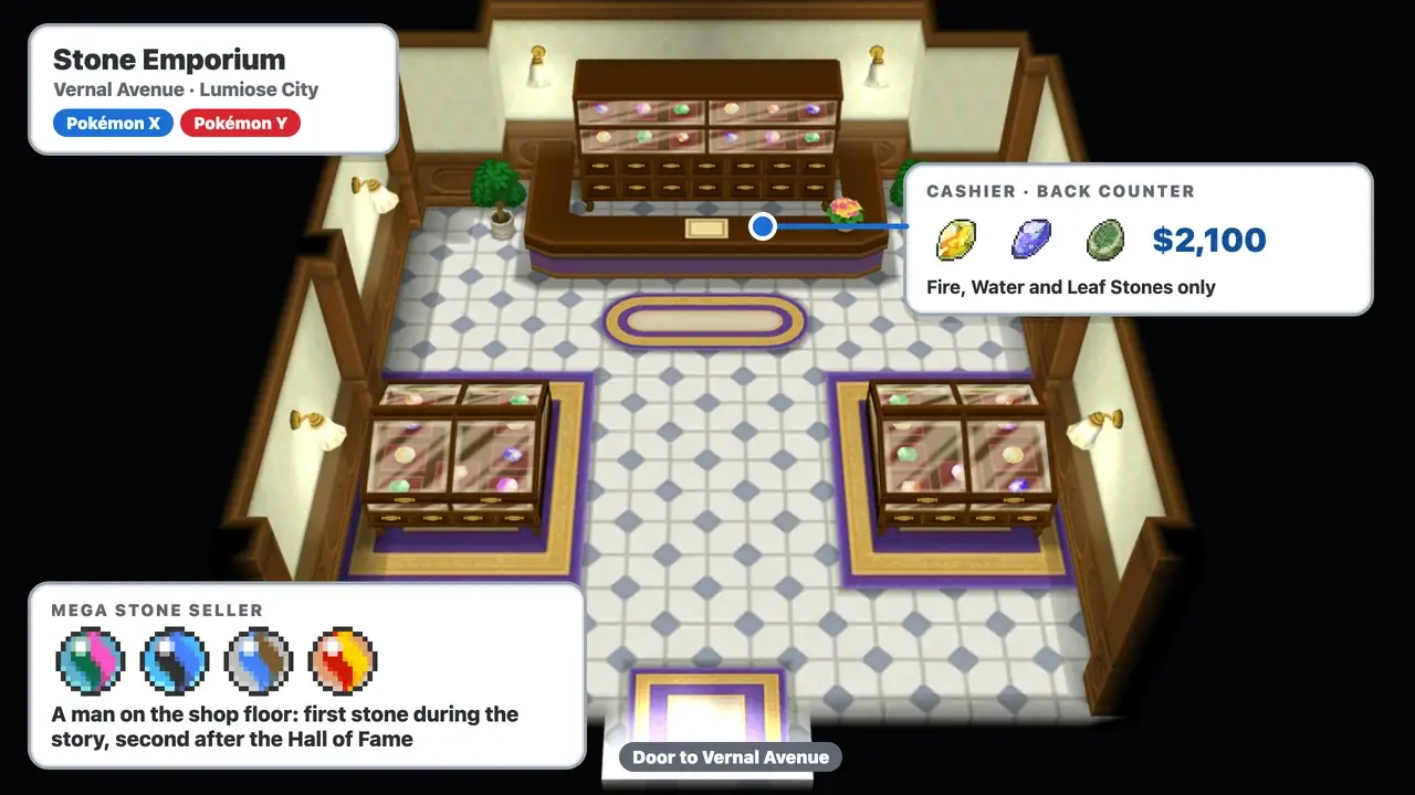 Inside the Lumiose City Stone Emporium in Pokémon X and Y: the cashier at the back counter sells Fire, Water and Leaf Stones for $2,100