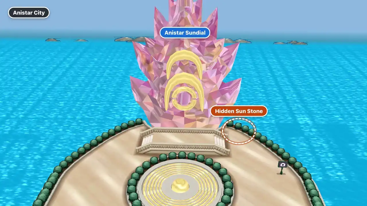 The Anistar City Sundial in Pokémon X and Y, with the bush on its right side where a Sun Stone is hidden