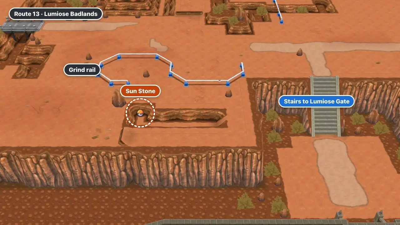 Route 13 Lumiose Badlands in Pokémon X and Y: the Sun Stone Poké Ball in the small ravine reached by the grind rail, west of the stairs to the Lumiose City gate