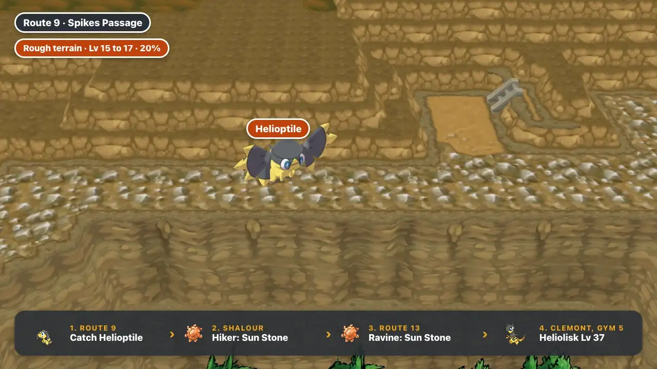 Helioptile in the rough terrain on Route 9 Spikes Passage in Pokémon X and Y, with the path to a Sun Stone from Shalour City or Route 13 and Clemont's level 37 Heliolisk