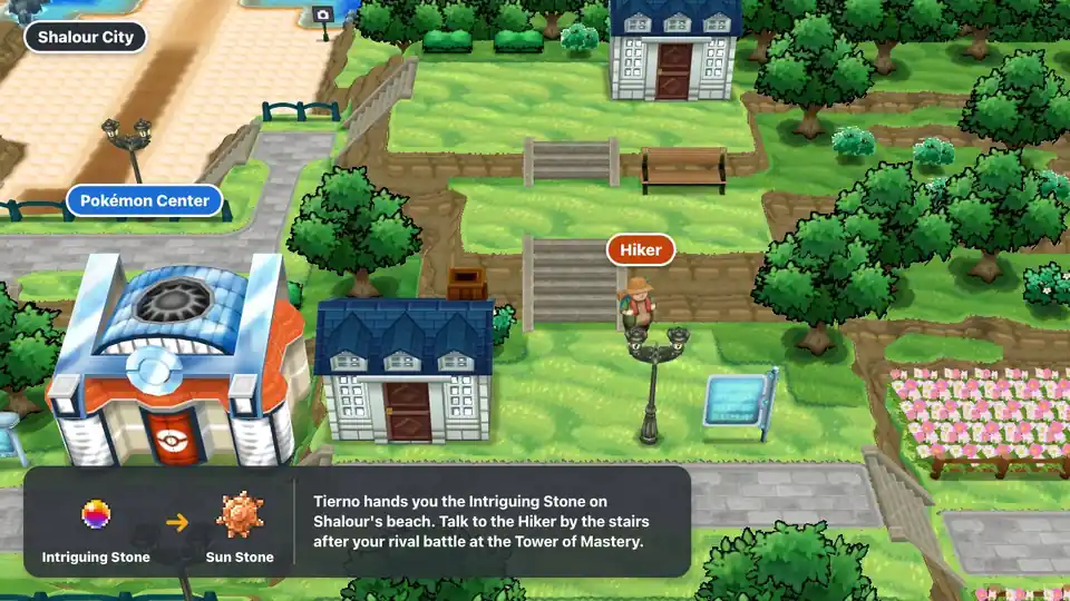 Shalour City in Pokémon X and Y, with the Hiker by the stairs east of the Pokémon Center who trades a Sun Stone for the Intriguing Stone