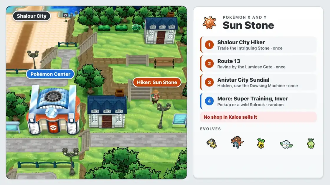 Where to get a Sun Stone in Pokémon X and Y: the Hiker in Shalour City, Route 13, the Anistar City Sundial, Secret Super Training, Psychic Inver, Pickup and wild Solrock