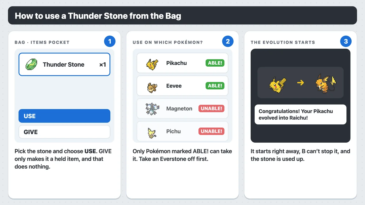 How to use a Thunder Stone from the Bag in Pokémon X: choose USE, pick a Pokémon marked ABLE, and the evolution starts