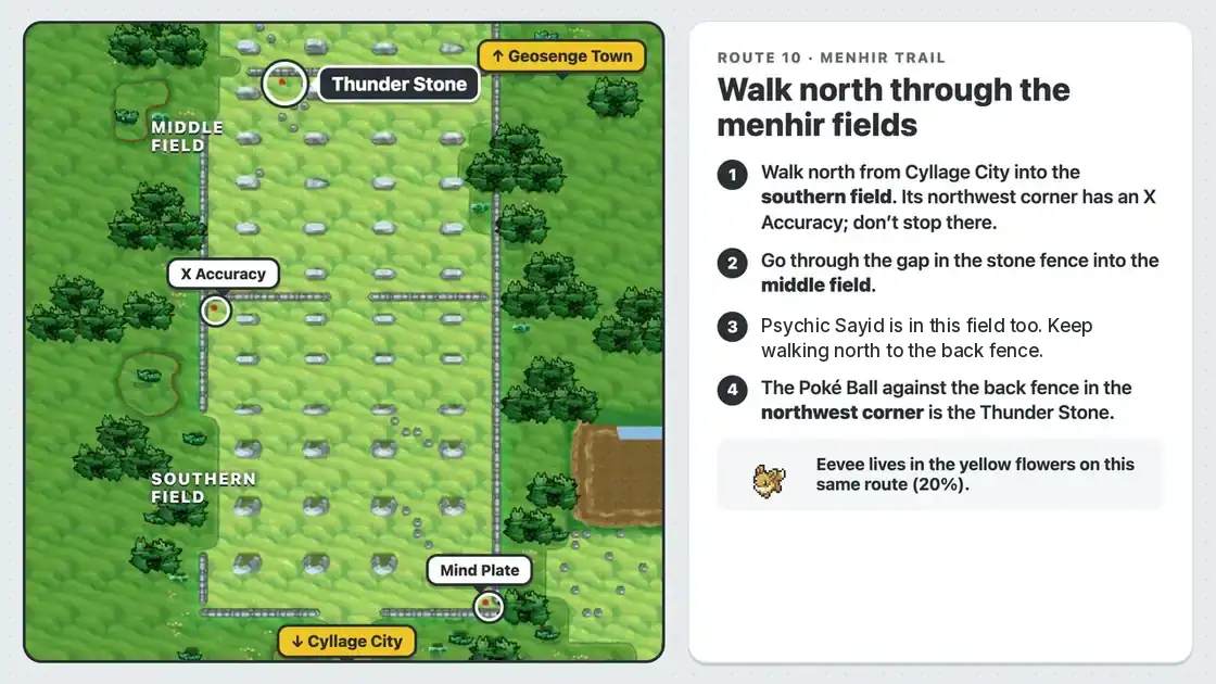 Thunderstone Pokémon X Route 10 middle menhir field map, with the Thunder Stone in the northwest corner and the X Accuracy and Mind Plate in the southern field