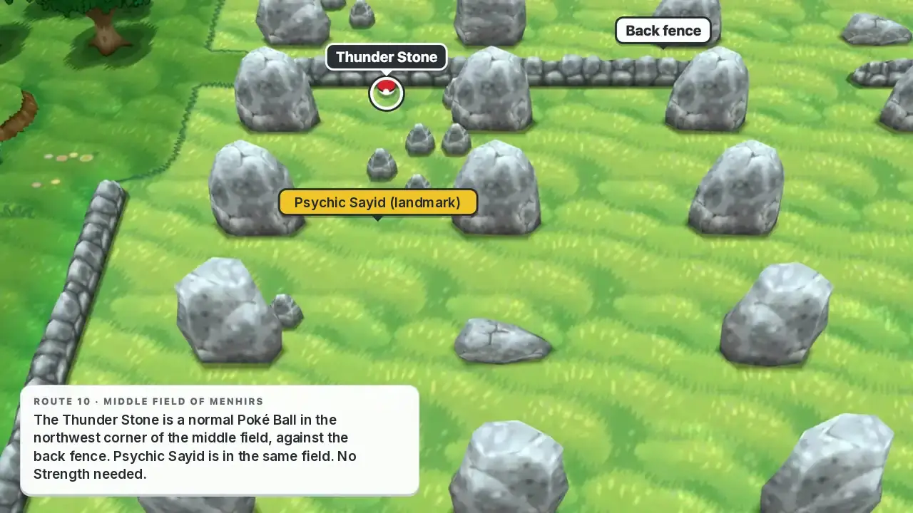 The Thunder Stone Poké Ball against the back fence of the middle menhir field on Route 10 in Pokémon X