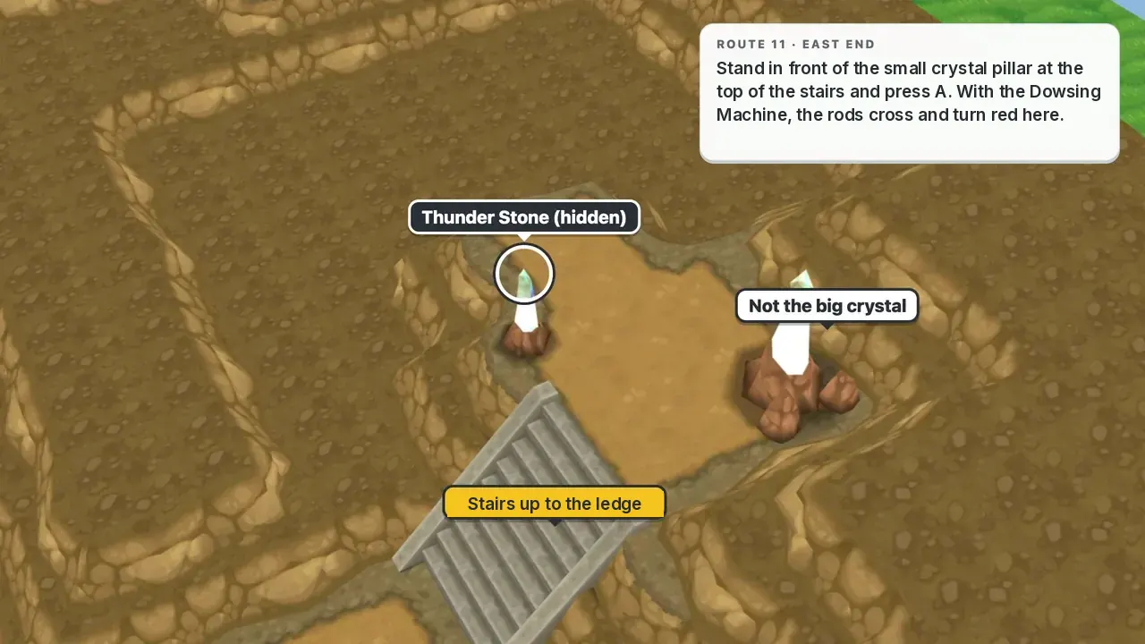 hidden Thunder Stone Route 11 crystal pillar Pokémon X: the small crystal pillar at the east end of the route, not the big one