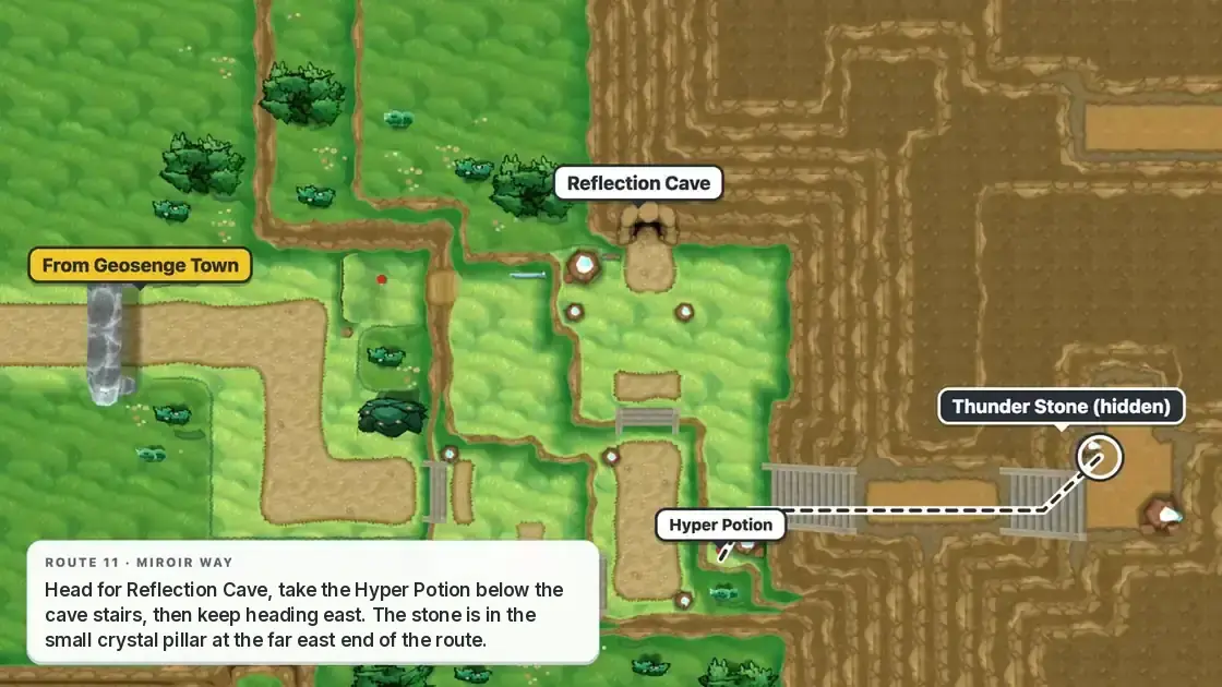 Route 11 Miroir Way map in Pokémon X from Geosenge Town past Reflection Cave and the Hyper Potion, east to the hidden Thunder Stone crystal