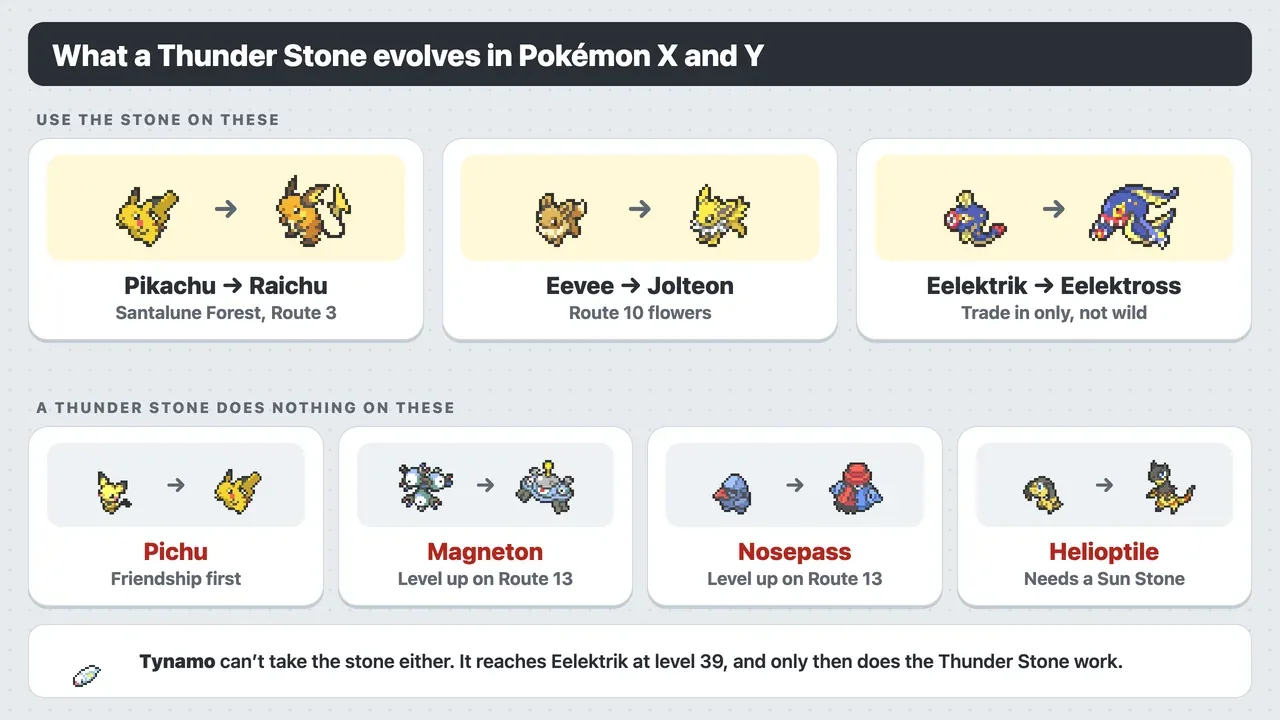 Pokémon that evolve with a Thunder Stone in Pokémon X and Y: Pikachu, Eevee and Eelektrik, and Pichu, Magneton, Nosepass and Helioptile that don’t