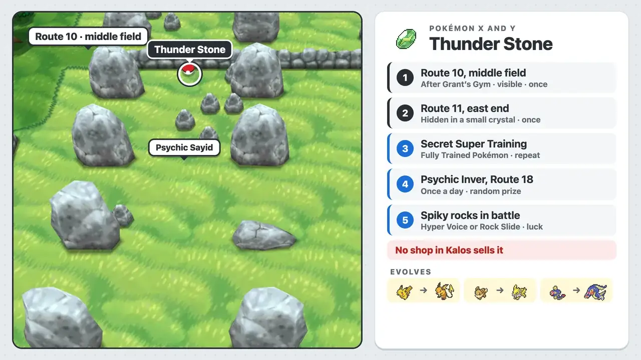 Thunder Stone locations in Pokémon X: Route 10, hidden Route 11, Super Training, Psychic Inver, spiky rocks