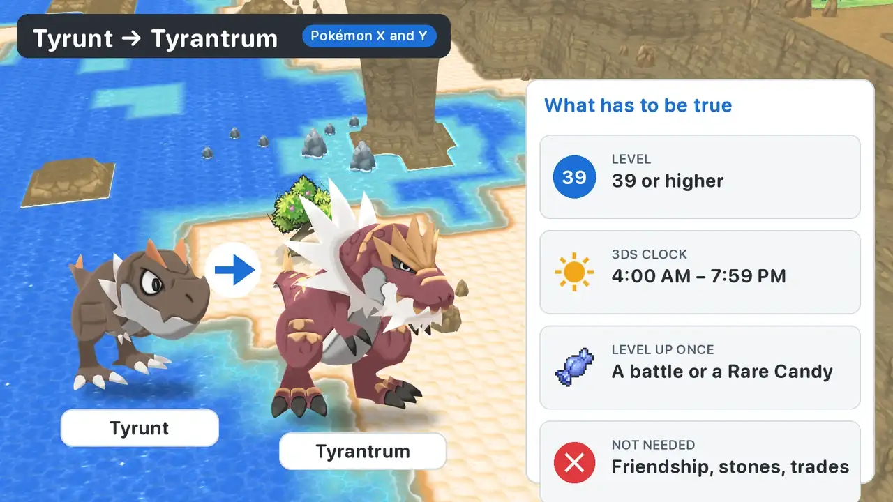 How to evolve Tyrunt in Pokémon X and Y: level 39 or higher, a level-up between 4:00 AM and 7:59 PM on the 3DS clock