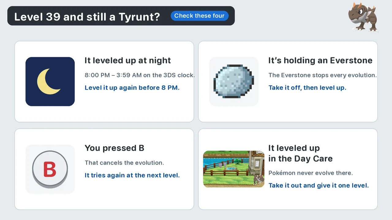 Why Tyrunt won’t evolve at level 39 in Pokémon X and Y: night level-up, Everstone, pressing B, or the Day Care