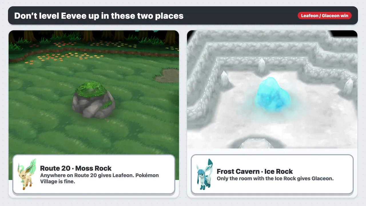 Moss Rock on Route 20 and Ice Rock in Frost Cavern in Pokémon X: leveling Eevee here gives Leafeon or Glaceon instead of Umbreon
