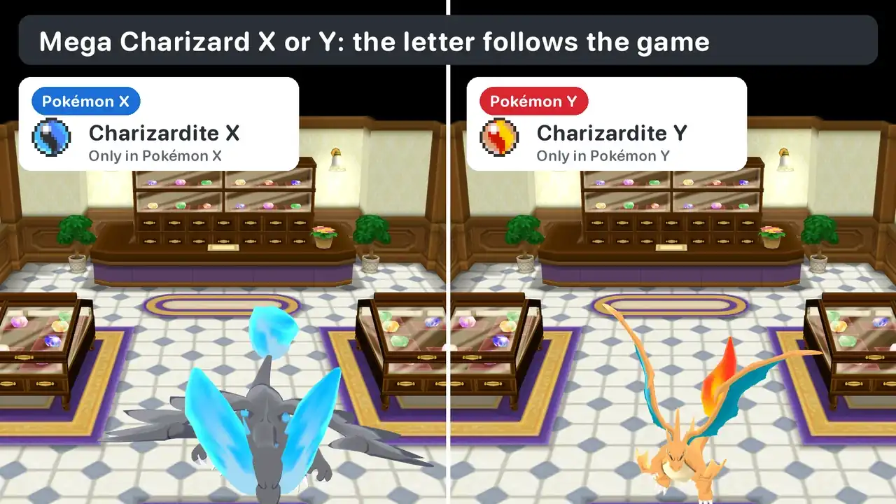 Mega Charizard X and Mega Charizard Y inside the Lumiose City Stone Emporium, with Charizardite X for Pokémon X and Charizardite Y for Pokémon Y