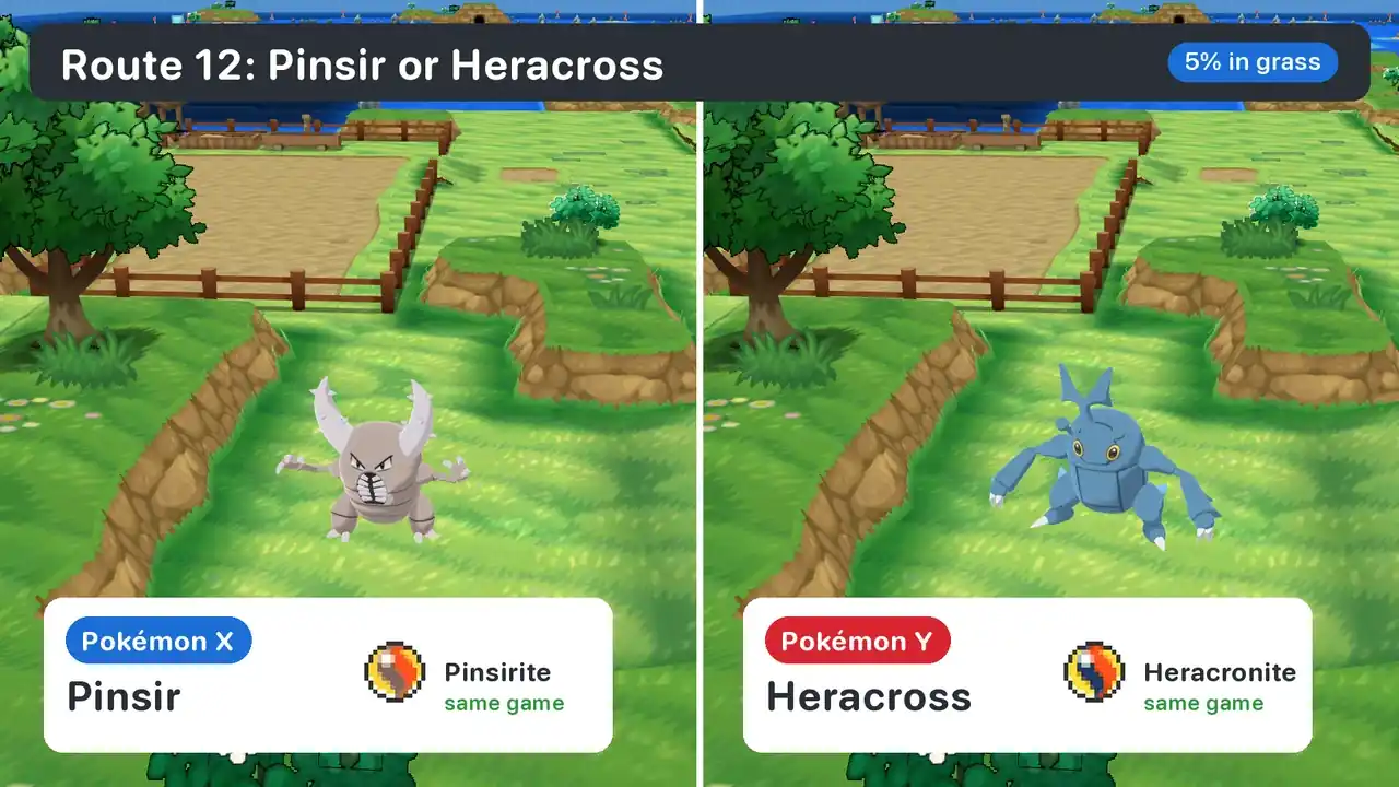 Pokémon X vs Y exclusives on Route 12: Pinsir in Pokémon X and Heracross in Pokémon Y in the same tall grass near the farm, with Pinsirite and Heracronite