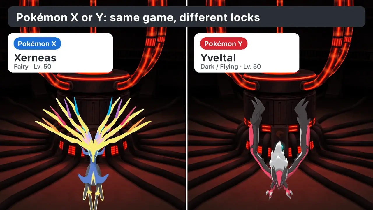 Pokémon X vs Y: Xerneas in Pokémon X and Yveltal in Pokémon Y, each standing in front of the machine in Team Flare's Secret HQ