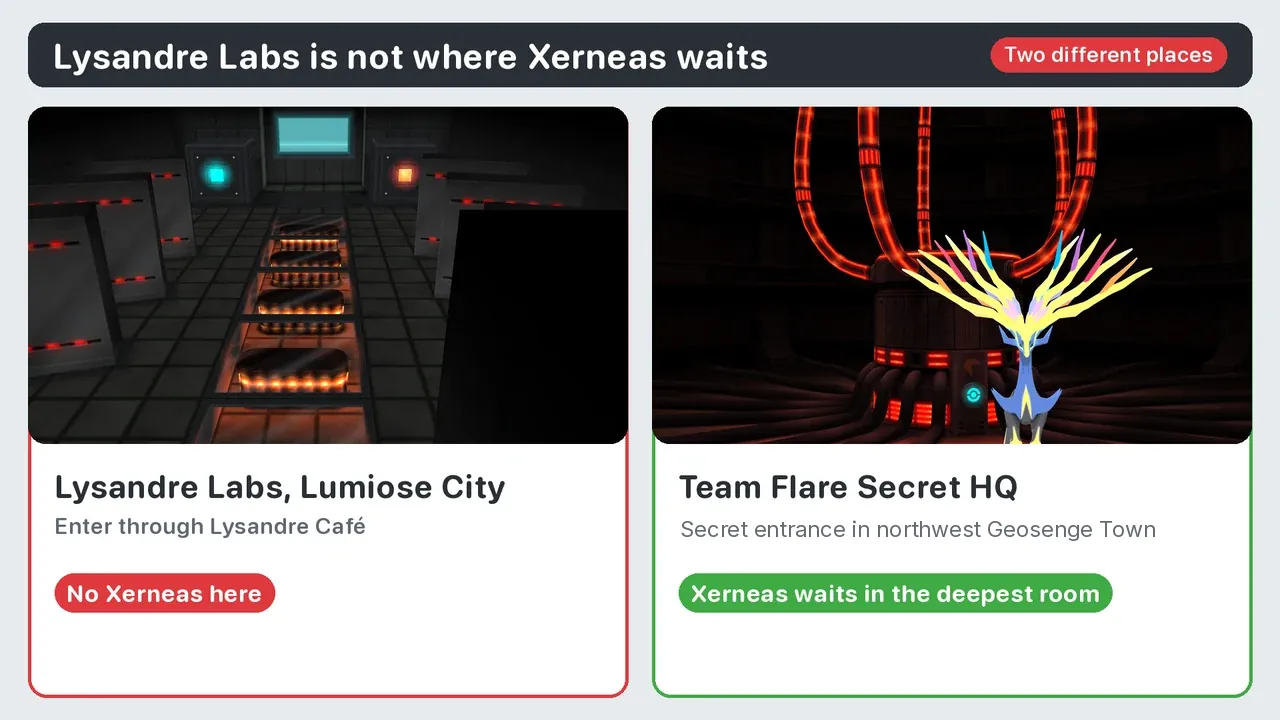 Lysandre Labs in Lumiose City vs Team Flare Secret HQ in Geosenge Town: Xerneas is only in the Secret HQ