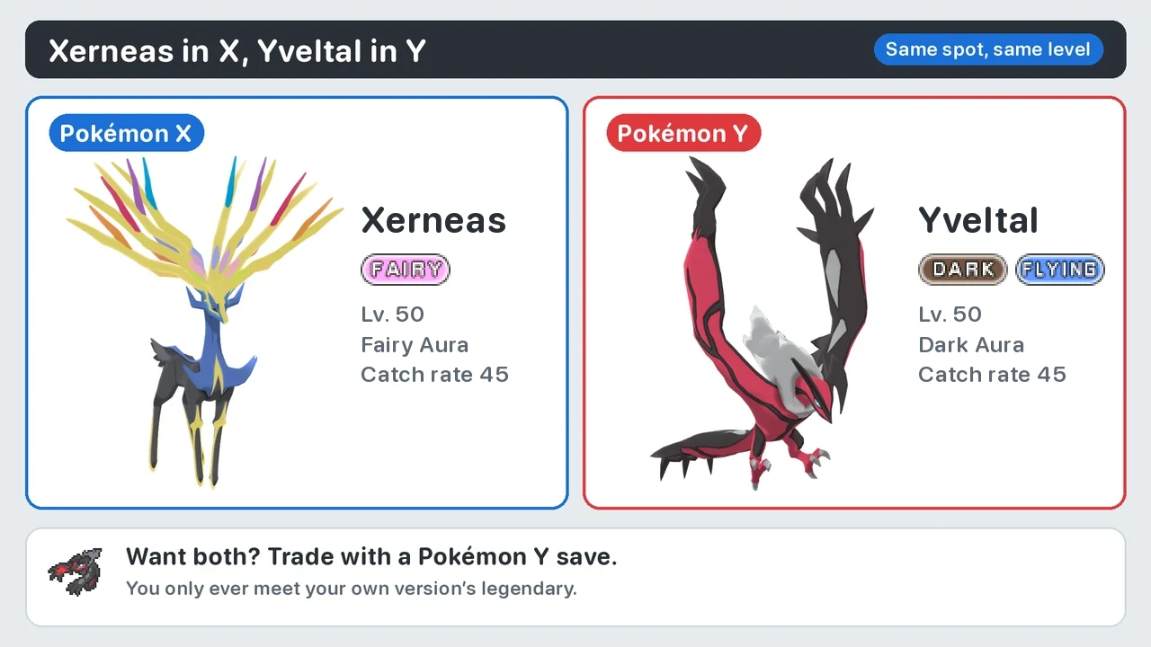 Xerneas in Pokémon X vs Yveltal in Pokémon Y: same spot, Lv. 50, catch rate 45
