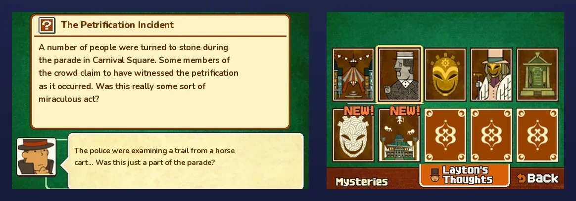 The Mysteries screen in Professor Layton and the Miracle Mask. On the top screen, a cream panel with a question-mark icon reads The Petrification Incident, and below it Layton has a speech bubble with one of his notes. On the Touch Screen, seven picture cards sit on a green table with NEW! over cards 6 and 7, three cards are still face down, and a Layton's Thoughts button and a Back button sit on the wooden bar.