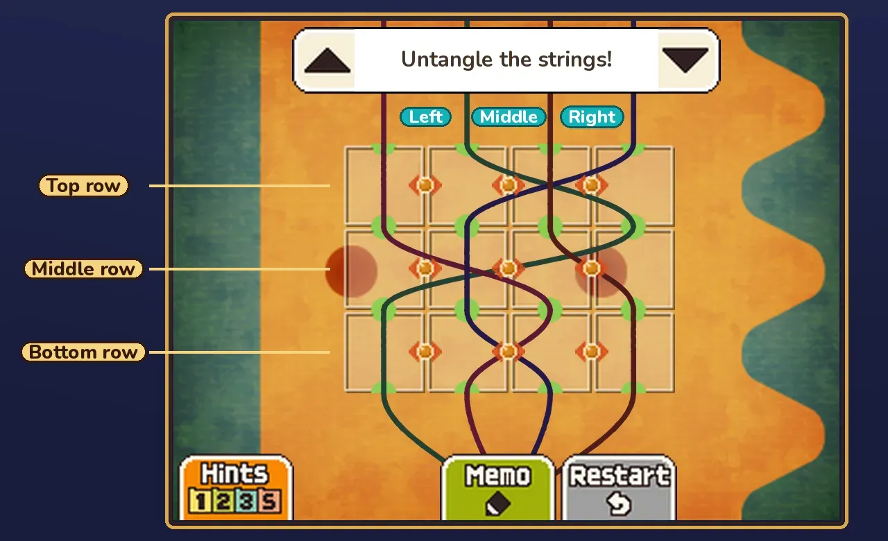 Miracle Mask Puzzle 001 Touch Screen with its three rows of orange points labeled top row, middle row and bottom row, and the three columns labeled left, middle and right