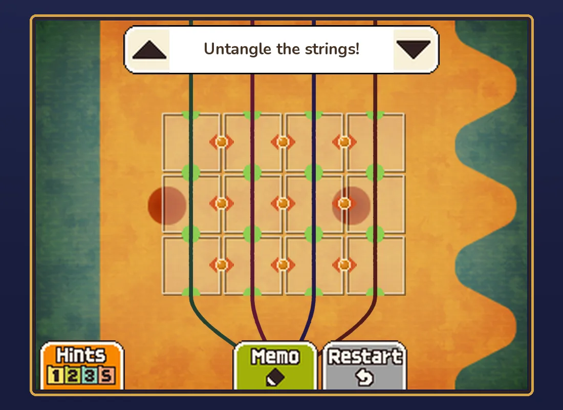 Stumble's Balloons solved: the four balloon strings hanging straight down through the grid of panels on the Touch Screen