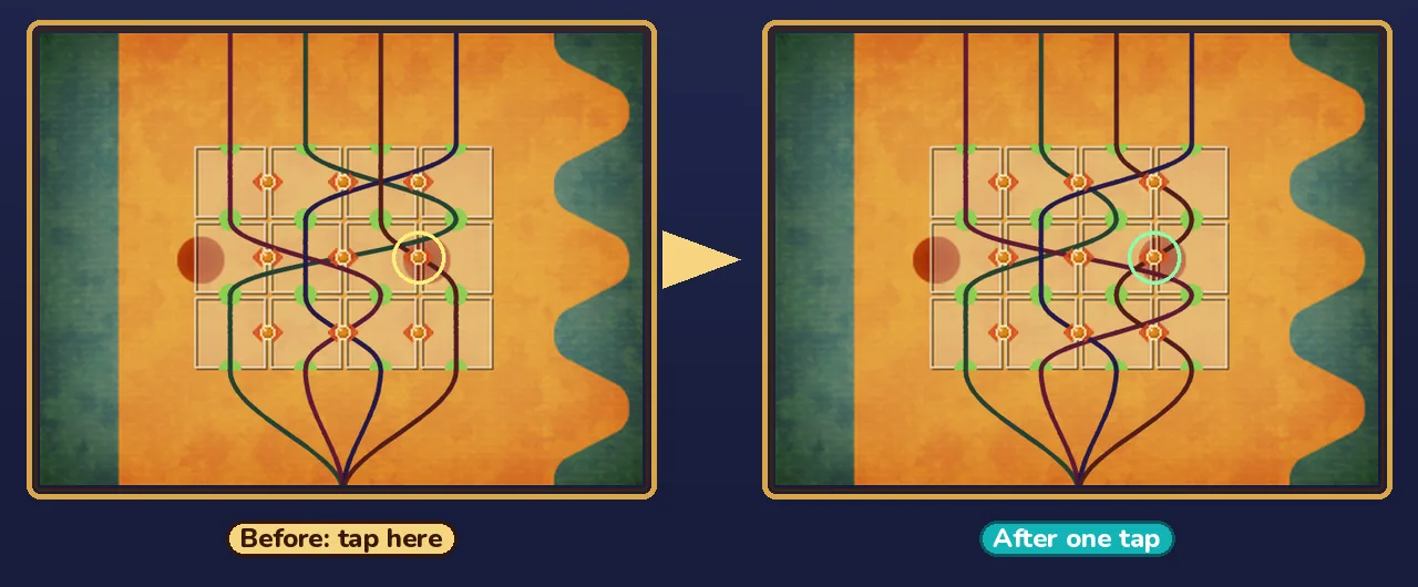 Example swap in Stumble's Balloons: touching the right point of the middle row swaps the two panels beside it along with their top and bottom green points, which also changes the string segments in the rows above and below