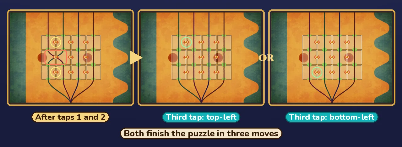 Stumble's Balloons after the first two taps, with the last crossing in the middle row on the left, and the two finished boards after a third tap on the top-left point or on the bottom-left point