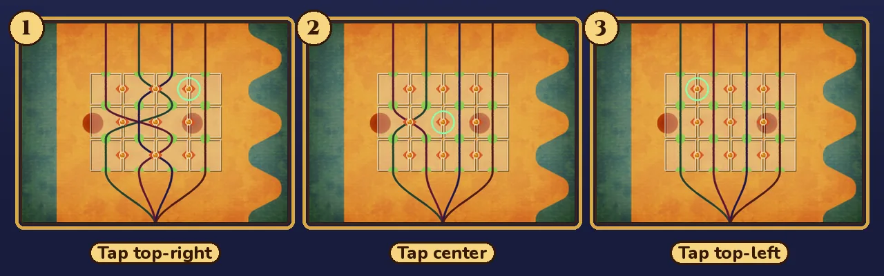 Stumble's Balloons solution in three steps: the board after touching the top-right point, after touching the center point and after touching the top-left point, with all four strings straight