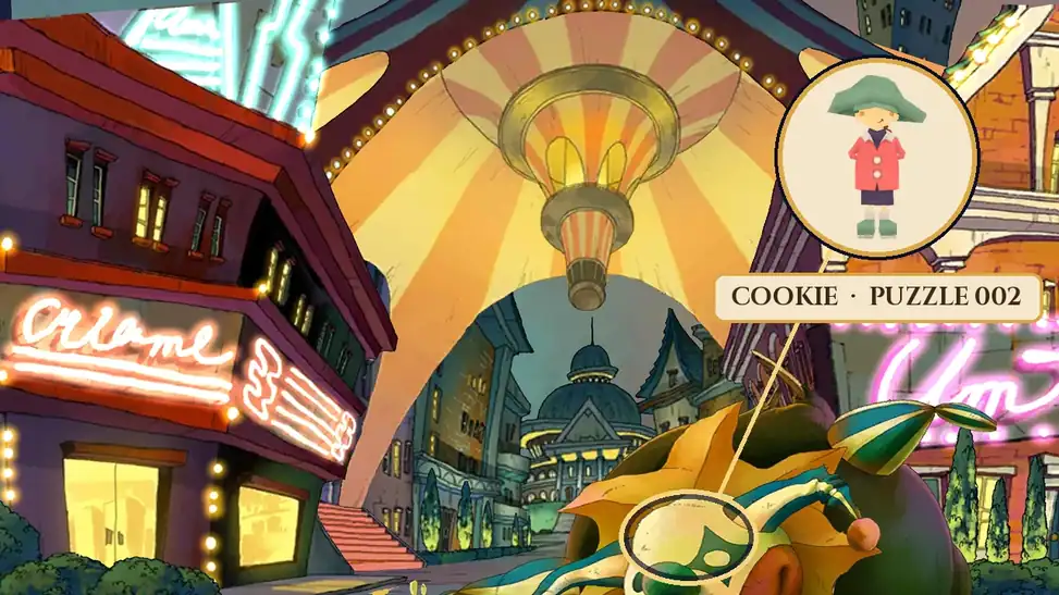 Carnival Arcade at night in Professor Layton and the Miracle Mask, with a ring around the deflated clown float where Cookie stands and a close-up of Cookie in her green hat and red coat