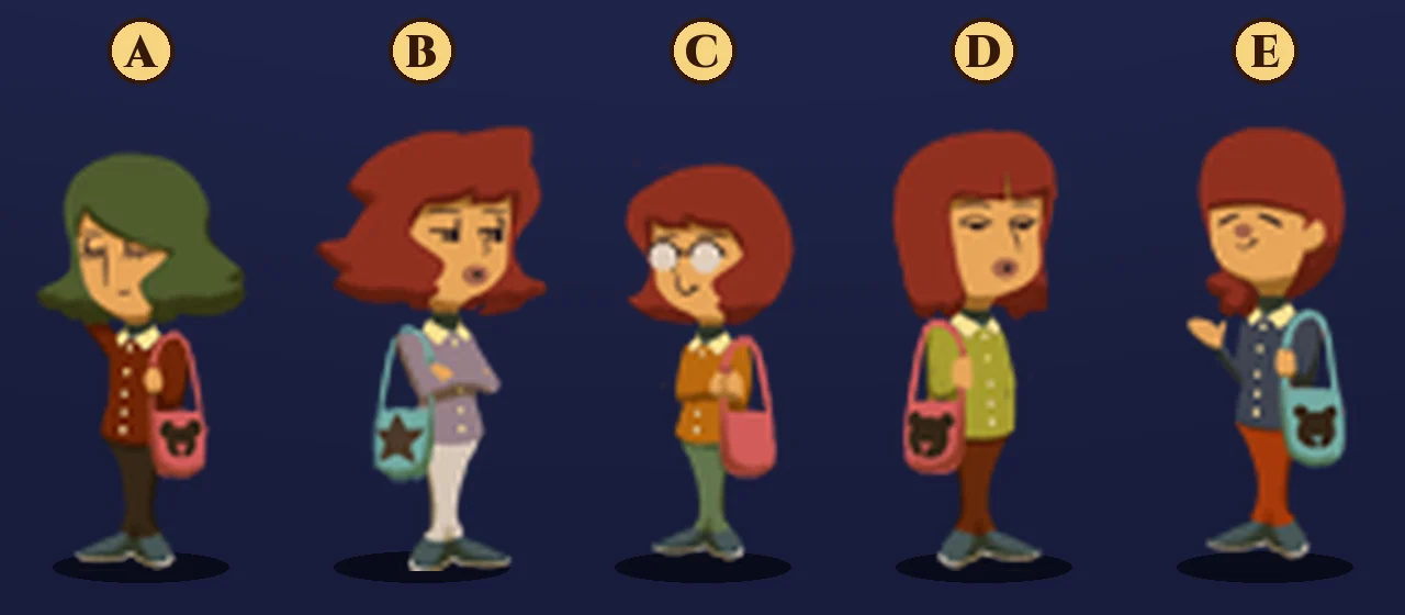 Close-up of the five women in Puzzle 002: A with green hair and a pink bag with a bear, B with red hair and a blue bag with a star, C with glasses, red hair and a plain pink bag, D with a red bob and a pink bag with a bear, E with red hair and a blue bag with a bear