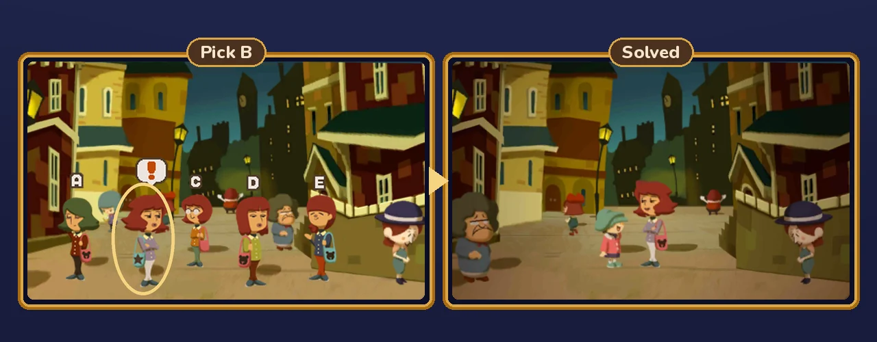 Where's Mother solved: woman B picked on the top screen, then Cookie standing next to her mother, who now holds the pink bag with the bear