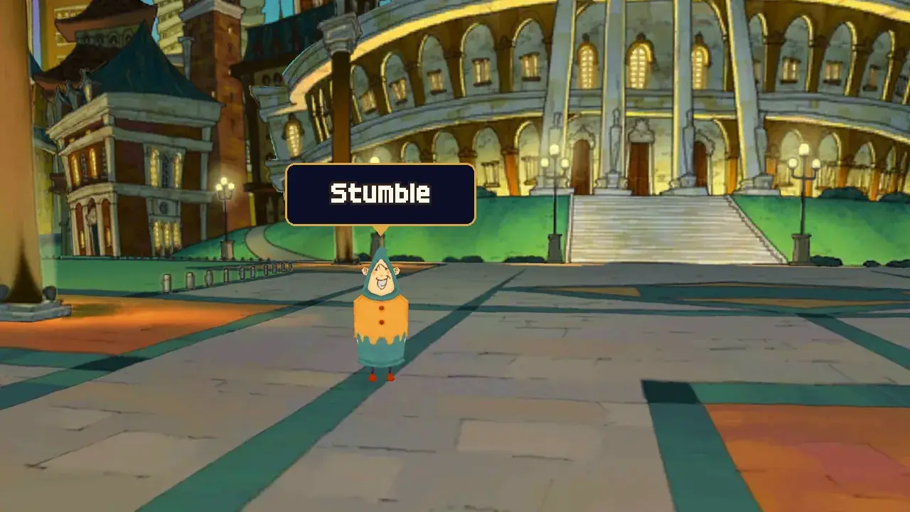Stumble the clown (Bungle in the UK) standing in Gallery Plaza at night in front of the museum steps in Monte d'Or