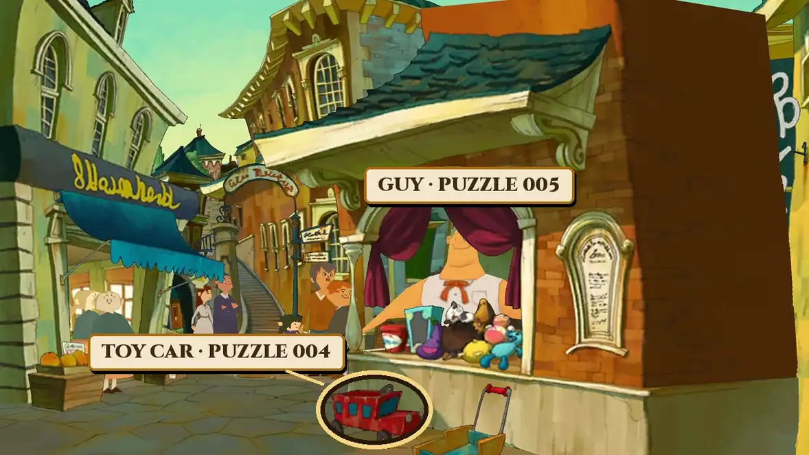 Knickknack Alley in Professor Layton and the Miracle Mask: the red toy car on the ground in front of the toy stall circled in gold for Puzzle 004, with Guy at the stall window for Puzzle 005