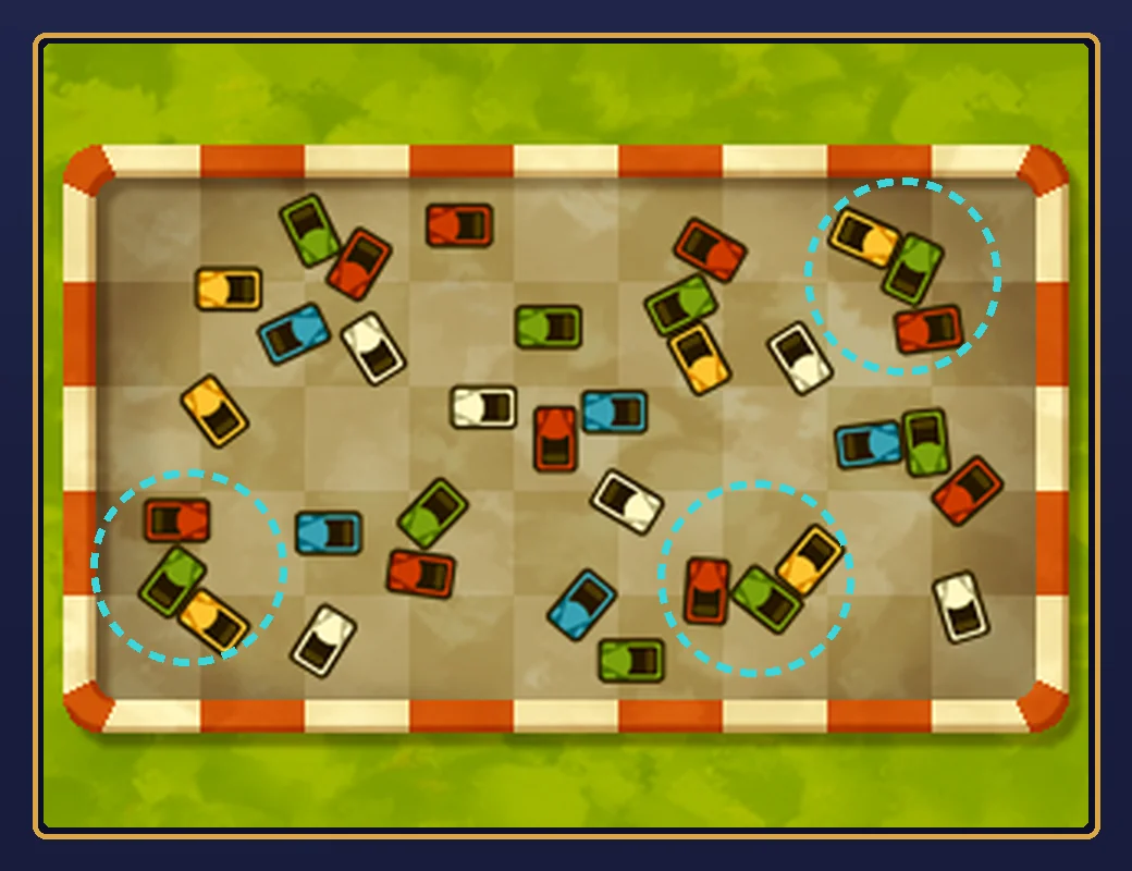 Bumper-car arena with three dashed rings around the groups where a yellow, a green and a red car are close together