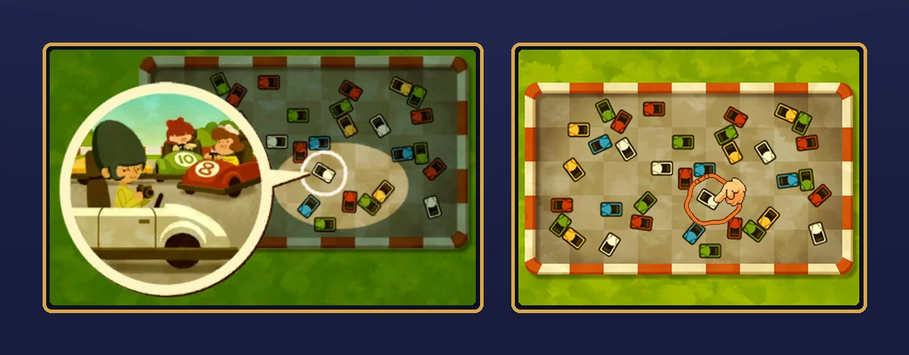Bumper Perspective solved: the game's solved picture of the photographer in her white car on the top screen, and an orange circle with the finger icon around white car D on the touch screen