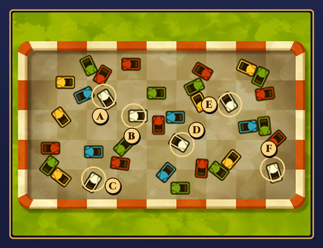 Miracle Mask Puzzle 004 bumper-car arena with the six white cars ringed in gold and labeled A to F
