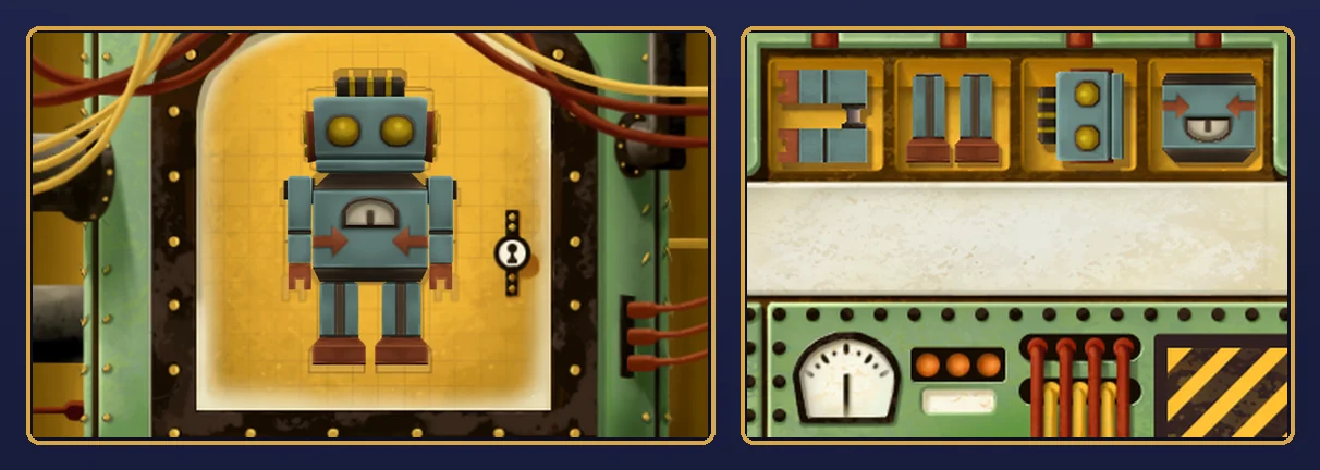 Robot Factory solved, rebuilt from the game's art: the finished toy robot standing in the machine, with the arms, legs, head and body in boxes 1 to 4 below