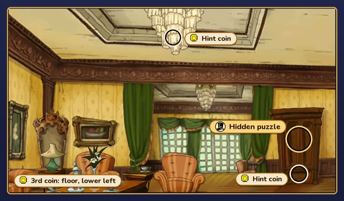 Ledore Parlor rebuilt from the game's art, with the hidden puzzle marked on the upper part of the tall cabinet on the right, one hint coin marked on the lower part of that cabinet, another on the chandelier, and a note that the third coin is on the floor at the lower left